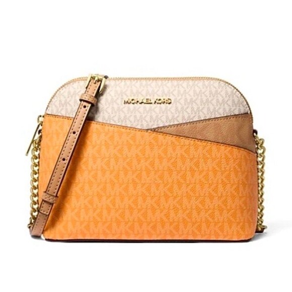 New Michael Kors Jet Set Travel Medium Dome Crossbody Pop Orange Multi - Picture 1 of 5